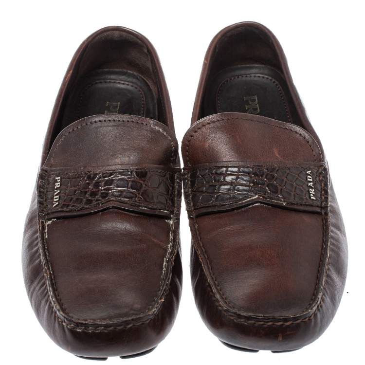 Pre Owned Prada Brown Croc And Leather  Slip On  Loafers Size 44.5