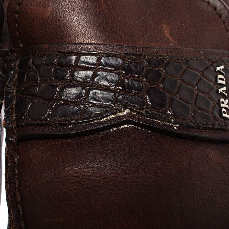 Pre Owned Prada Brown Croc And Leather  Slip On  Loafers Size 44.5