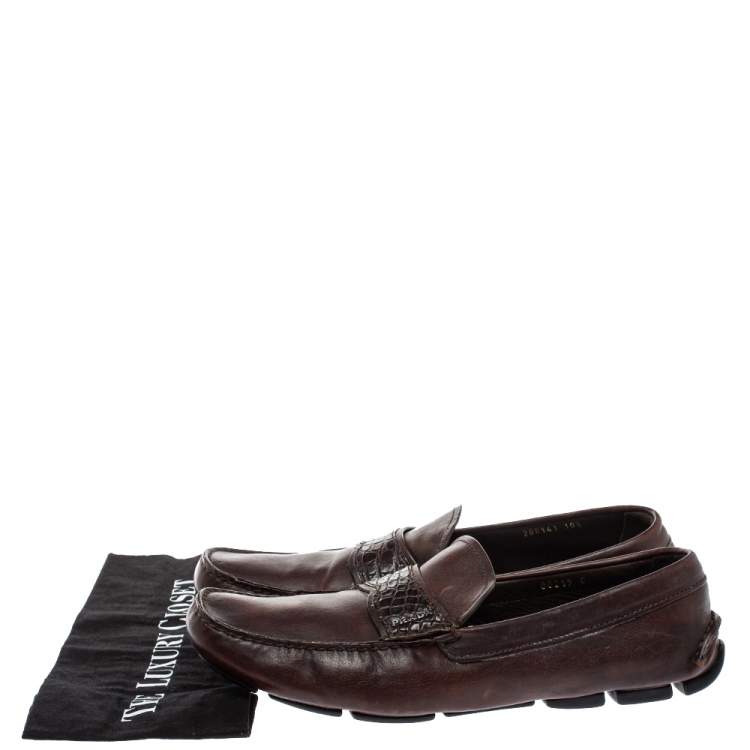 Pre Owned Prada Brown Croc And Leather  Slip On  Loafers Size 44.5