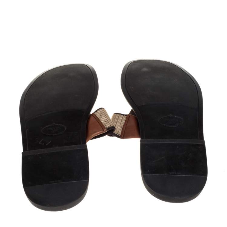 Pre Owned Prada Brown Leather And Fabric Thong Sandals Size 43.5