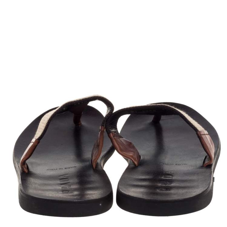 Pre Owned Prada Brown Leather And Fabric Thong Sandals Size 43.5