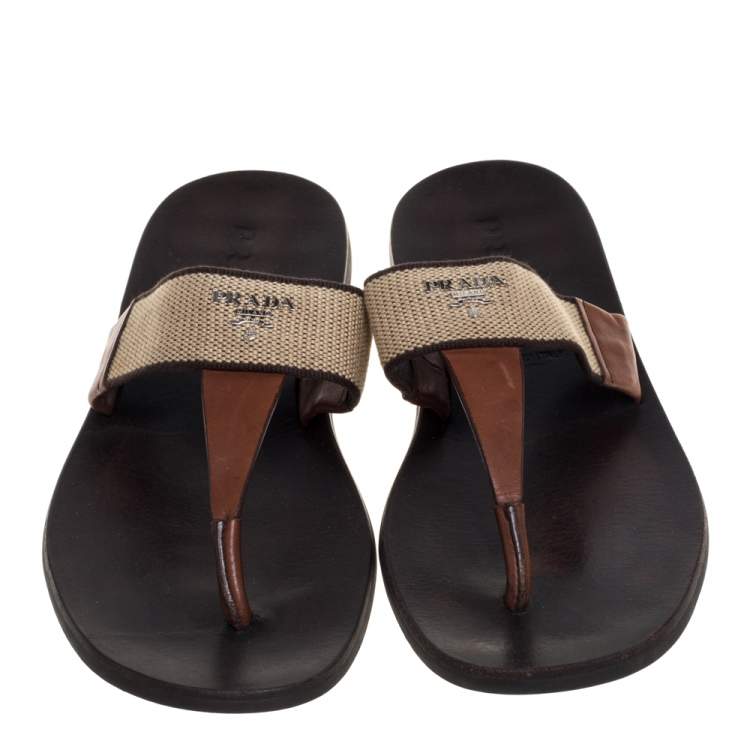 Pre Owned Prada Brown Leather And Fabric Thong Sandals Size 43.5