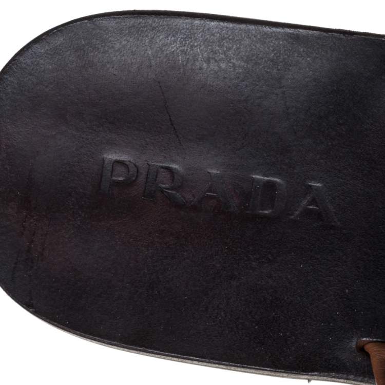 Pre Owned Prada Brown Leather And Fabric Thong Sandals Size 43.5