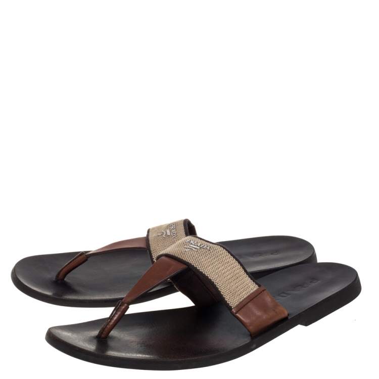 Pre Owned Prada Brown Leather And Fabric Thong Sandals Size 43.5