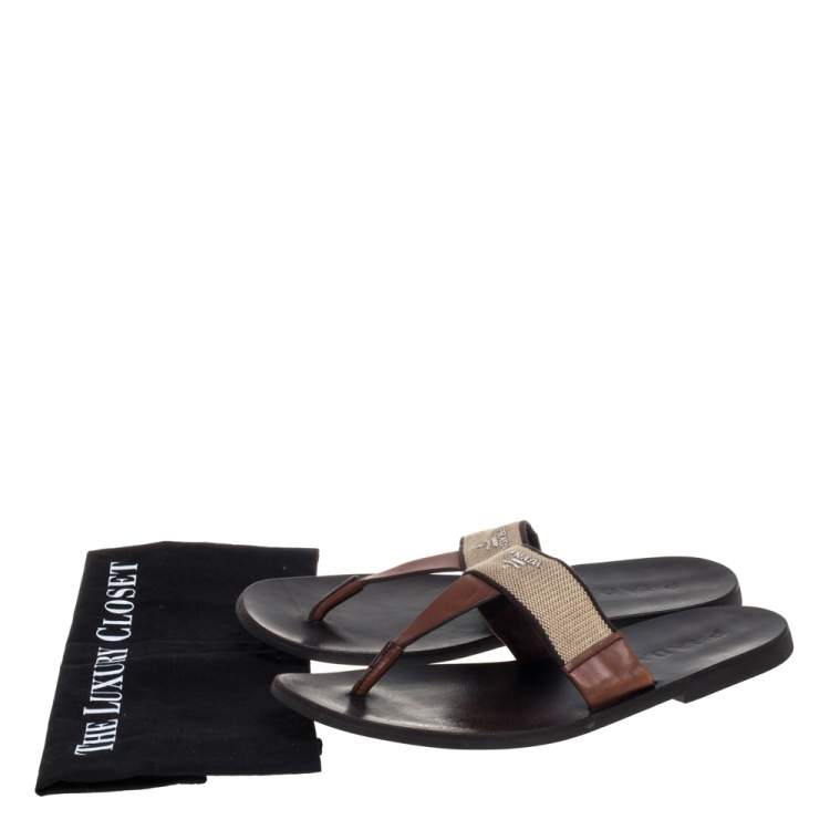 Pre Owned Prada Brown Leather And Fabric Thong Sandals Size 43.5
