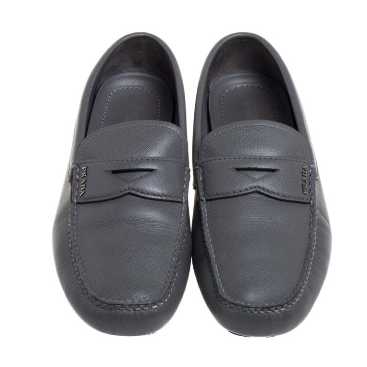 Pre Owned Prada Grey Leather Slip On  Loafers Size 41