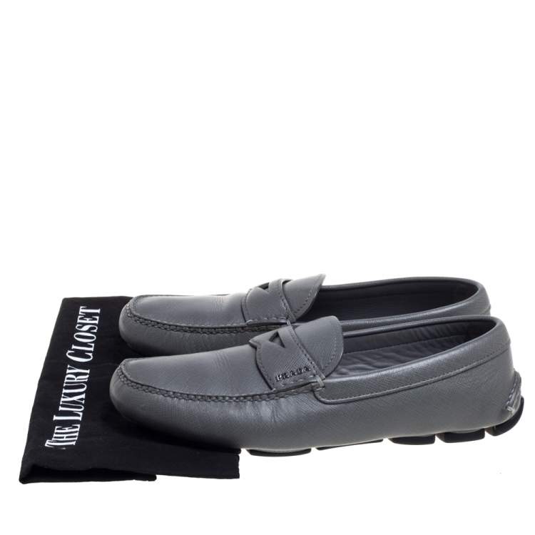 Pre Owned Prada Grey Leather Slip On  Loafers Size 41