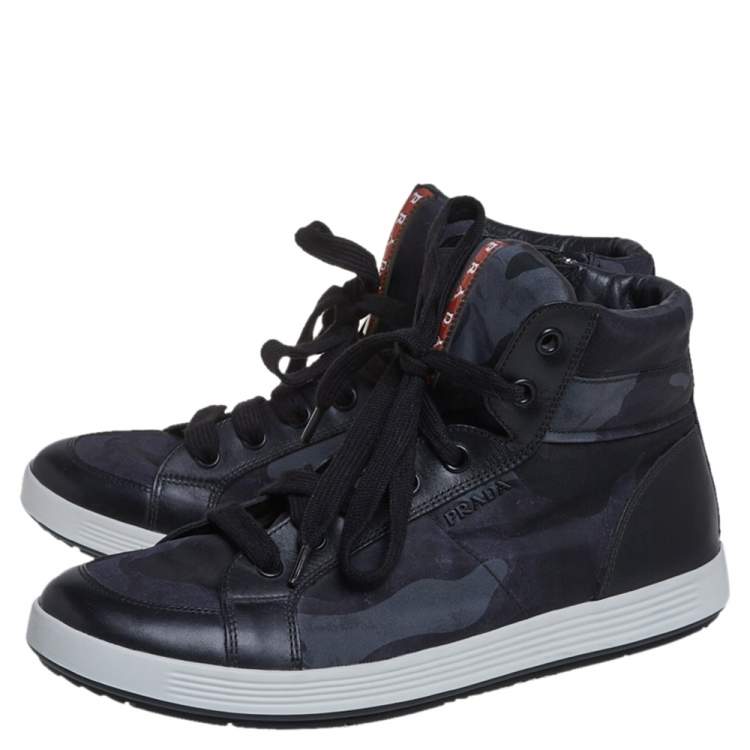 Pre Owned Prada Black Camouflage Canvas And Leather High Top Sneakers Size 43