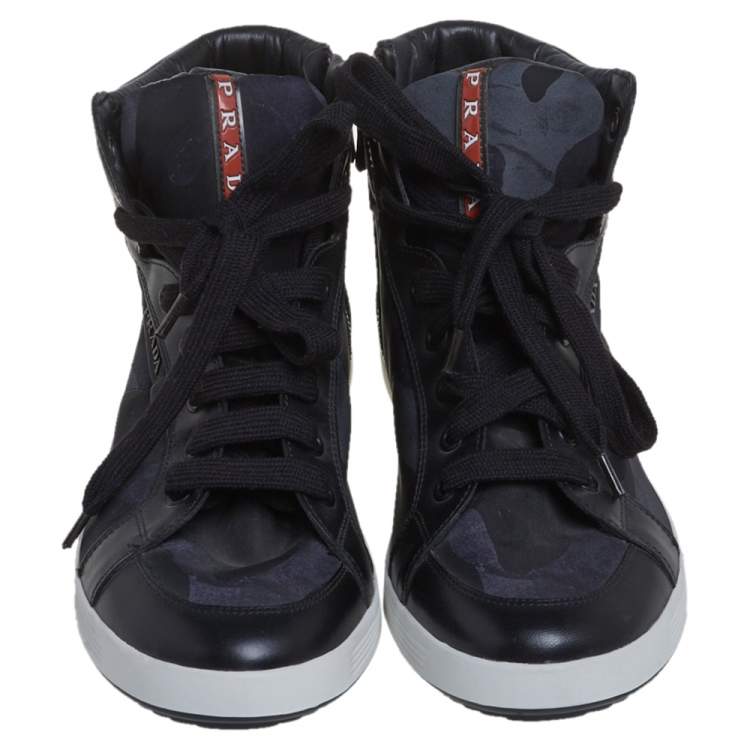 Pre Owned Prada Black Camouflage Canvas And Leather High Top Sneakers Size 43