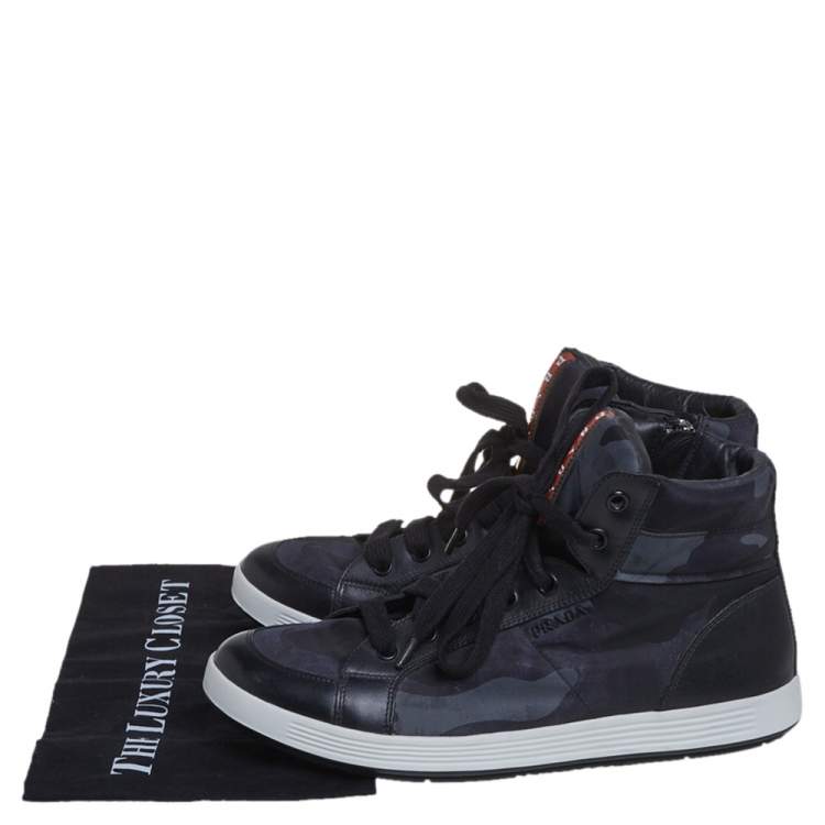 Pre Owned Prada Black Camouflage Canvas And Leather High Top Sneakers Size 43