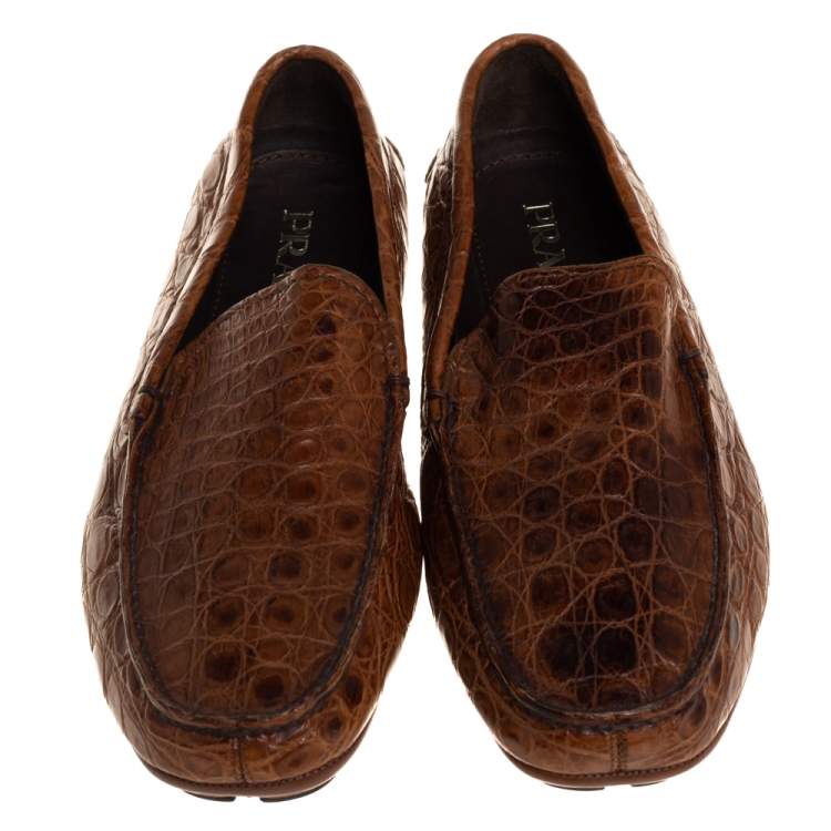 Pre Owned Prada Brown Croc Leather Slip On Loafers Size 42