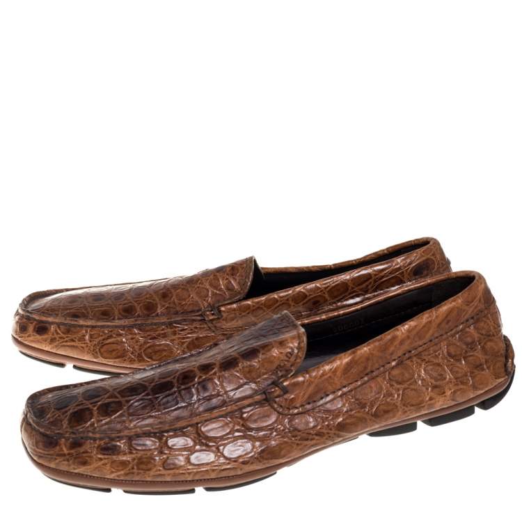 Pre Owned Prada Brown Croc Leather Slip On Loafers Size 42
