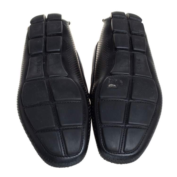 Pre Owned Prada Black/Blue Perforated Leather Penny Slip On Loafers Size 41