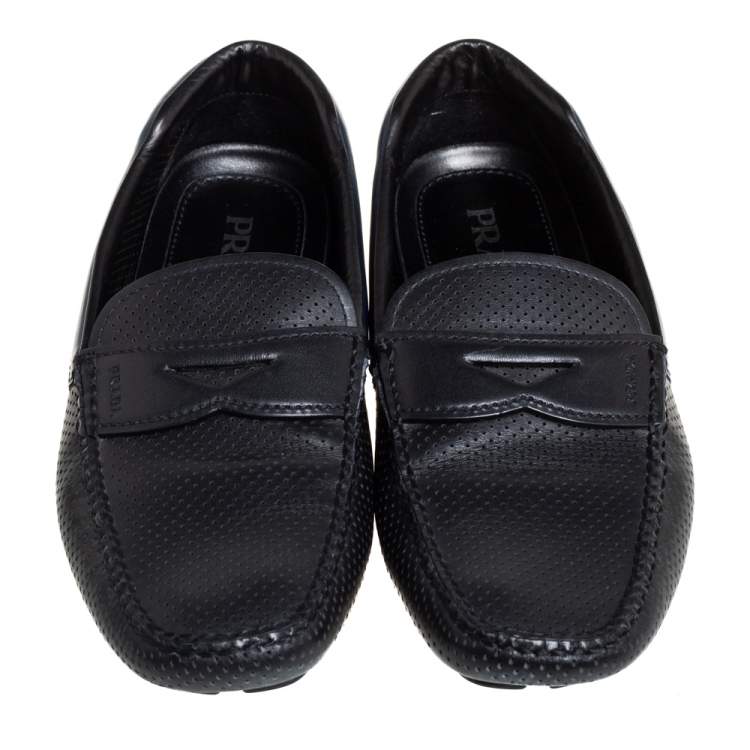 Pre Owned Prada Black/Blue Perforated Leather Penny Slip On Loafers Size 41