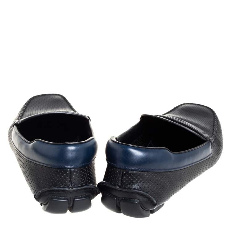 Pre Owned Prada Black/Blue Perforated Leather Penny Slip On Loafers Size 41