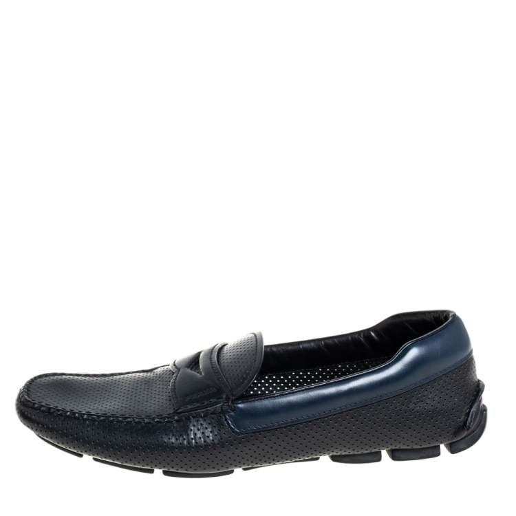 Pre Owned Prada Black/Blue Perforated Leather Penny Slip On Loafers Size 41