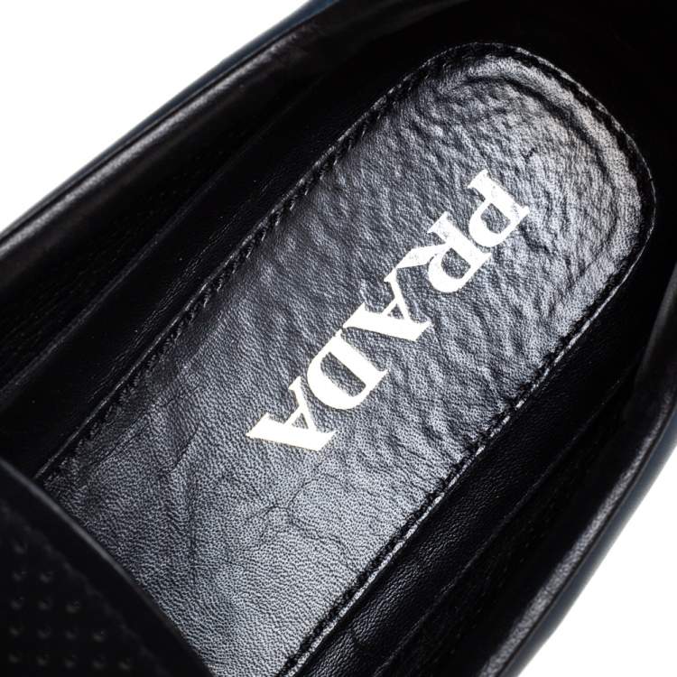 Pre Owned Prada Black/Blue Perforated Leather Penny Slip On Loafers Size 41