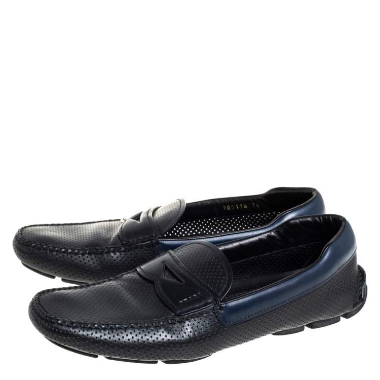 Pre Owned Prada Black/Blue Perforated Leather Penny Slip On Loafers Size 41