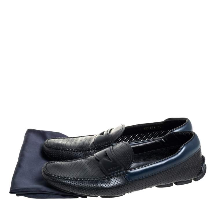 Pre Owned Prada Black/Blue Perforated Leather Penny Slip On Loafers Size 41