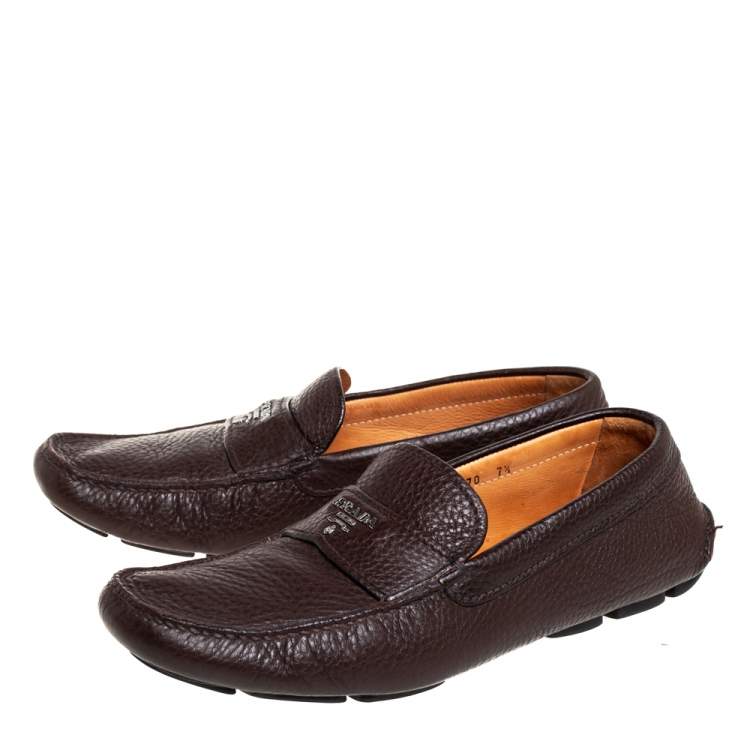 Pre Owned Prada Brown Leather Slip On Loafers Size 41.5
