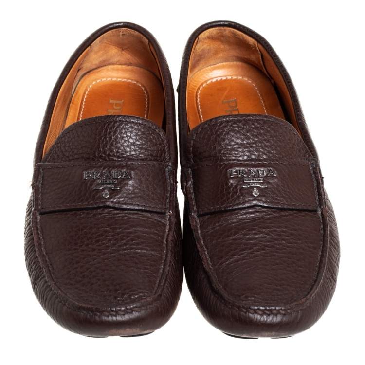 Pre Owned Prada Brown Leather Slip On Loafers Size 41.5