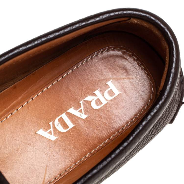 Pre Owned Prada Brown Leather Slip On Loafers Size 41.5