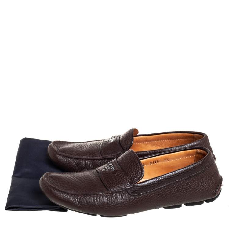 Pre Owned Prada Brown Leather Slip On Loafers Size 41.5