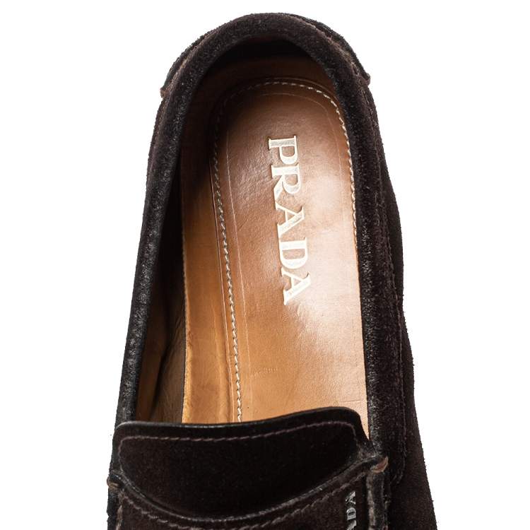 Pre Owned Prada Brown Suede Penny Slip On Loafers Size 43.5