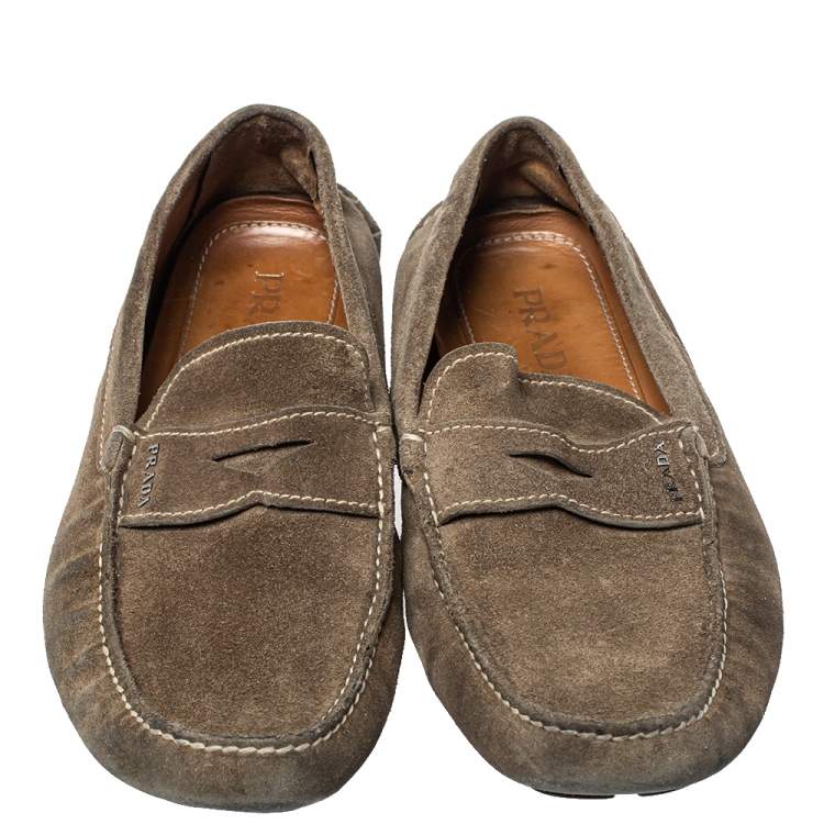 مملوكة مسبقًا Prada Olive Green Suede Penny Slip On Loafers Size 43