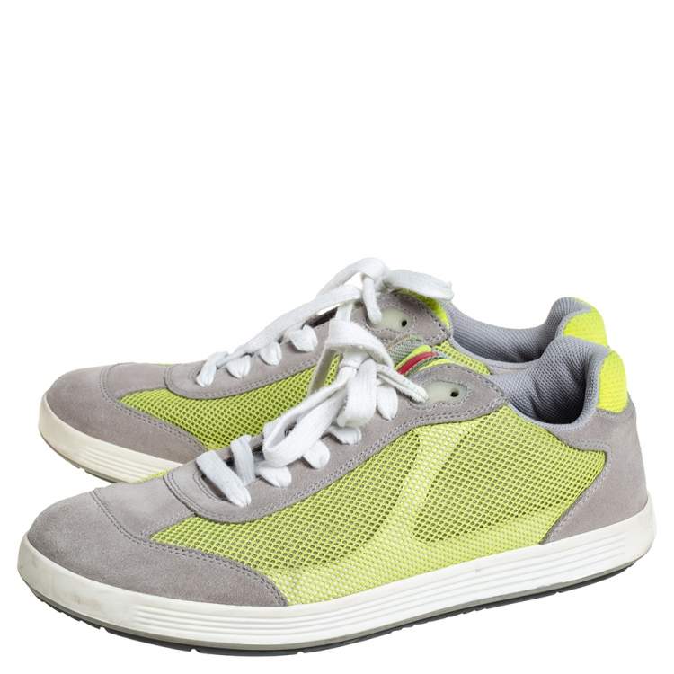 Pre Owned Prada Grey/Neon Green Suede and Mesh Lace Up Low Top Sneakers Size 43