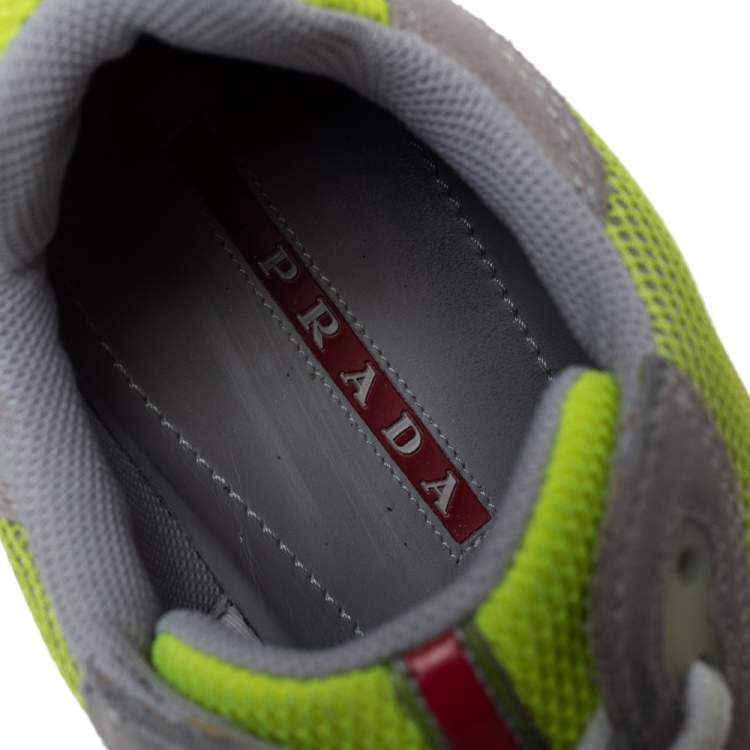 Pre Owned Prada Grey/Neon Green Suede and Mesh Lace Up Low Top Sneakers Size 43