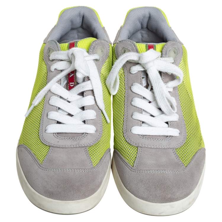 Pre Owned Prada Grey/Neon Green Suede and Mesh Lace Up Low Top Sneakers Size 43