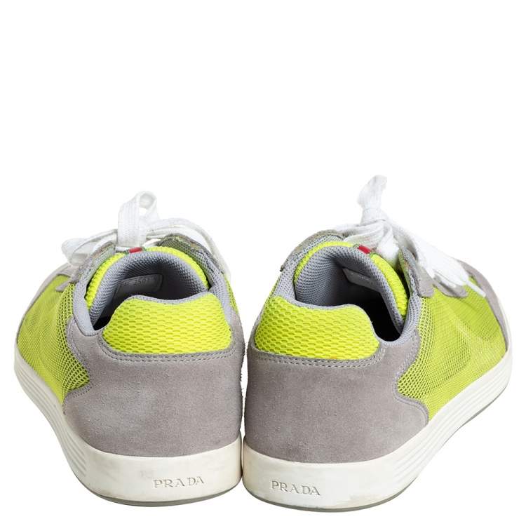 Pre Owned Prada Grey/Neon Green Suede and Mesh Lace Up Low Top Sneakers Size 43