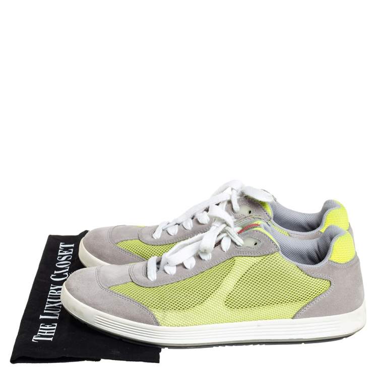 Pre Owned Prada Grey/Neon Green Suede and Mesh Lace Up Low Top Sneakers Size 43