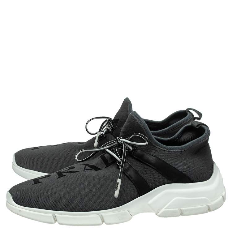 Pre Owned Prada Grey Knit Fabric Logo Low Top Sneakers Size 41