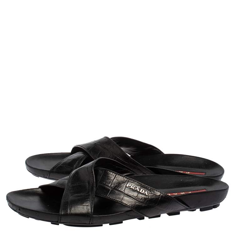 Pre Owned Prada Black Croc Embossed Leather Criss Cross Slide Sandals Size 44.5