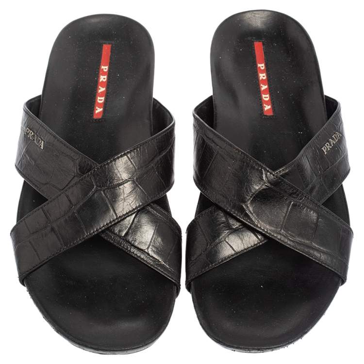 Pre Owned Prada Black Croc Embossed Leather Criss Cross Slide Sandals Size 44.5
