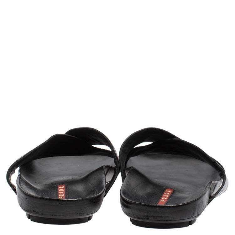 Pre Owned Prada Black Croc Embossed Leather Criss Cross Slide Sandals Size 44.5