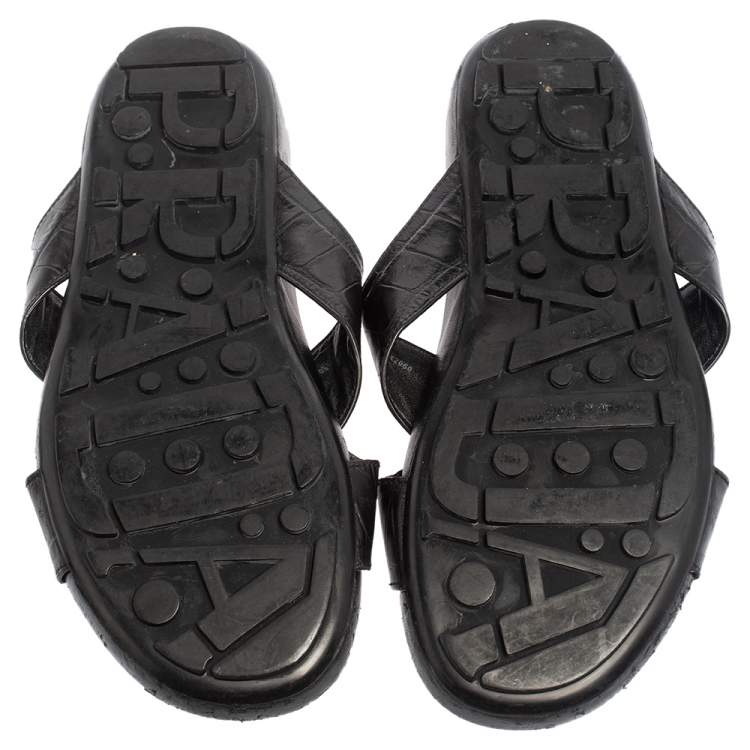 Pre Owned Prada Black Croc Embossed Leather Criss Cross Slide Sandals Size 44.5