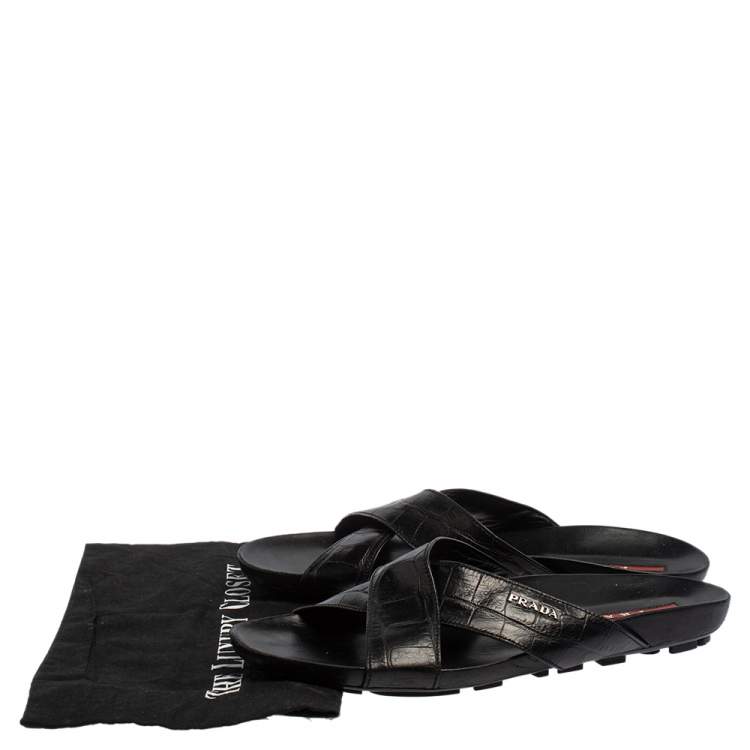 Pre Owned Prada Black Croc Embossed Leather Criss Cross Slide Sandals Size 44.5