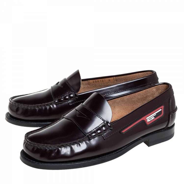 Pre Owned Prada Burgundy Leather Penny Slip On Loafers Size 40