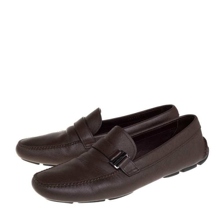 Pre Owned Prada Brown Leather Buckle Detail Slip On Loafers Size 44