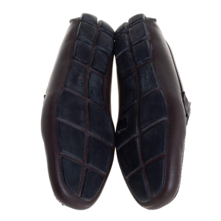 Pre Owned Prada Brown Leather Buckle Detail Slip On Loafers Size 44