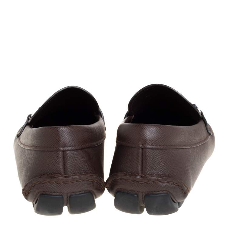 Pre Owned Prada Brown Leather Buckle Detail Slip On Loafers Size 44