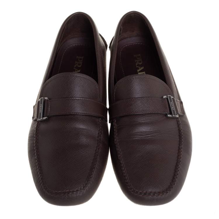Pre Owned Prada Brown Leather Buckle Detail Slip On Loafers Size 44