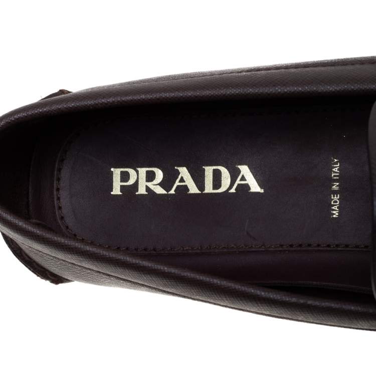 Pre Owned Prada Brown Leather Buckle Detail Slip On Loafers Size 44