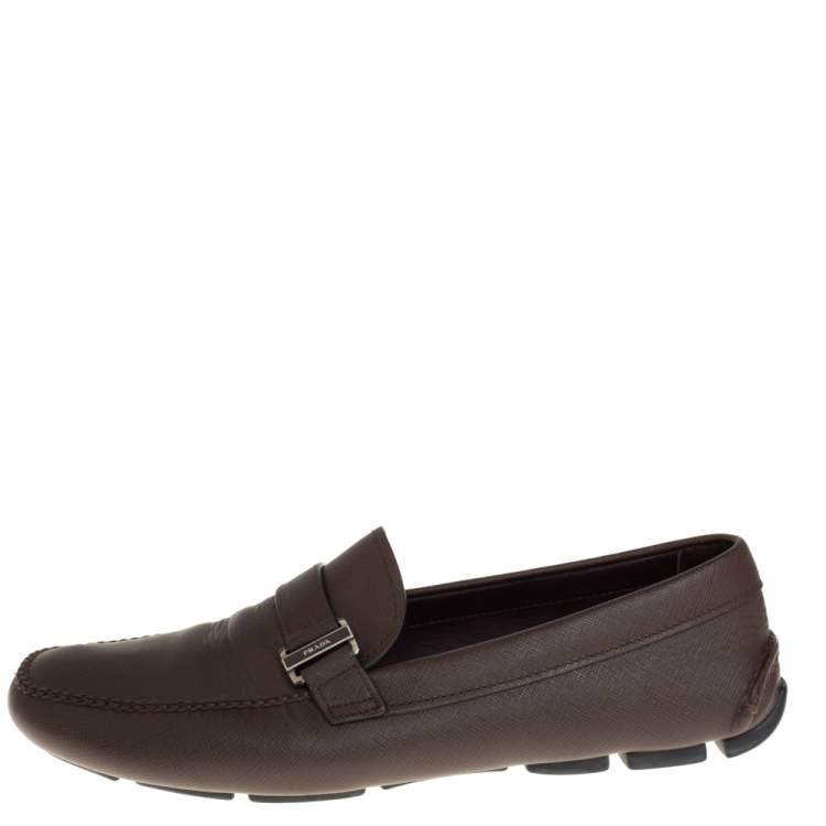 Pre Owned Prada Brown Leather Buckle Detail Slip On Loafers Size 44