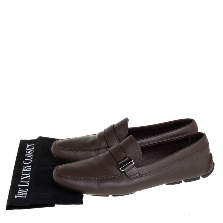 Pre Owned Prada Brown Leather Buckle Detail Slip On Loafers Size 44
