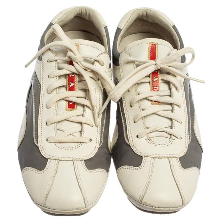Pre Owned Prada White/Grey Nylon And Leather Low Top Sneakers Size 41.5