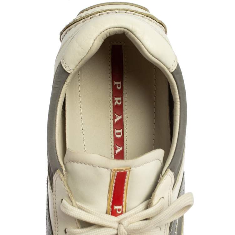 Pre Owned Prada White/Grey Nylon And Leather Low Top Sneakers Size 41.5